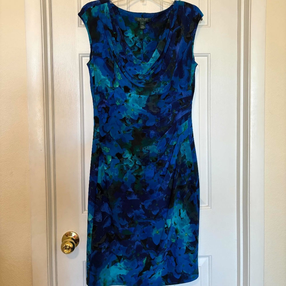 RALPH LAUREN knit jersey watercolor print dress, size 10. Deep blues & black.